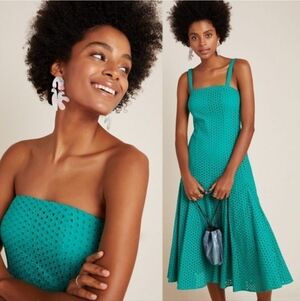 Maeve Anthropologie Leila Eyelet Pleated Strapless Midi Dress Green Size 14